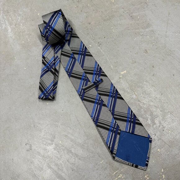 ETRO Milano Tie Houndstooth Plaid Woven Made in Italy 100% Silk Grey/Blue 4" - Picture 3 of 5